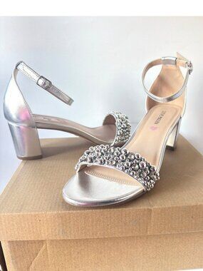Steve Madden JCarrson Silver Beads Sandals Girls Low Block Heel Big Kid Size 7